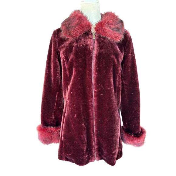 Dennis Basso Velour Faux Fur Coat Coquette Glam Small Red Cozy Goth Holiday Cozy - Picture 1 of 13